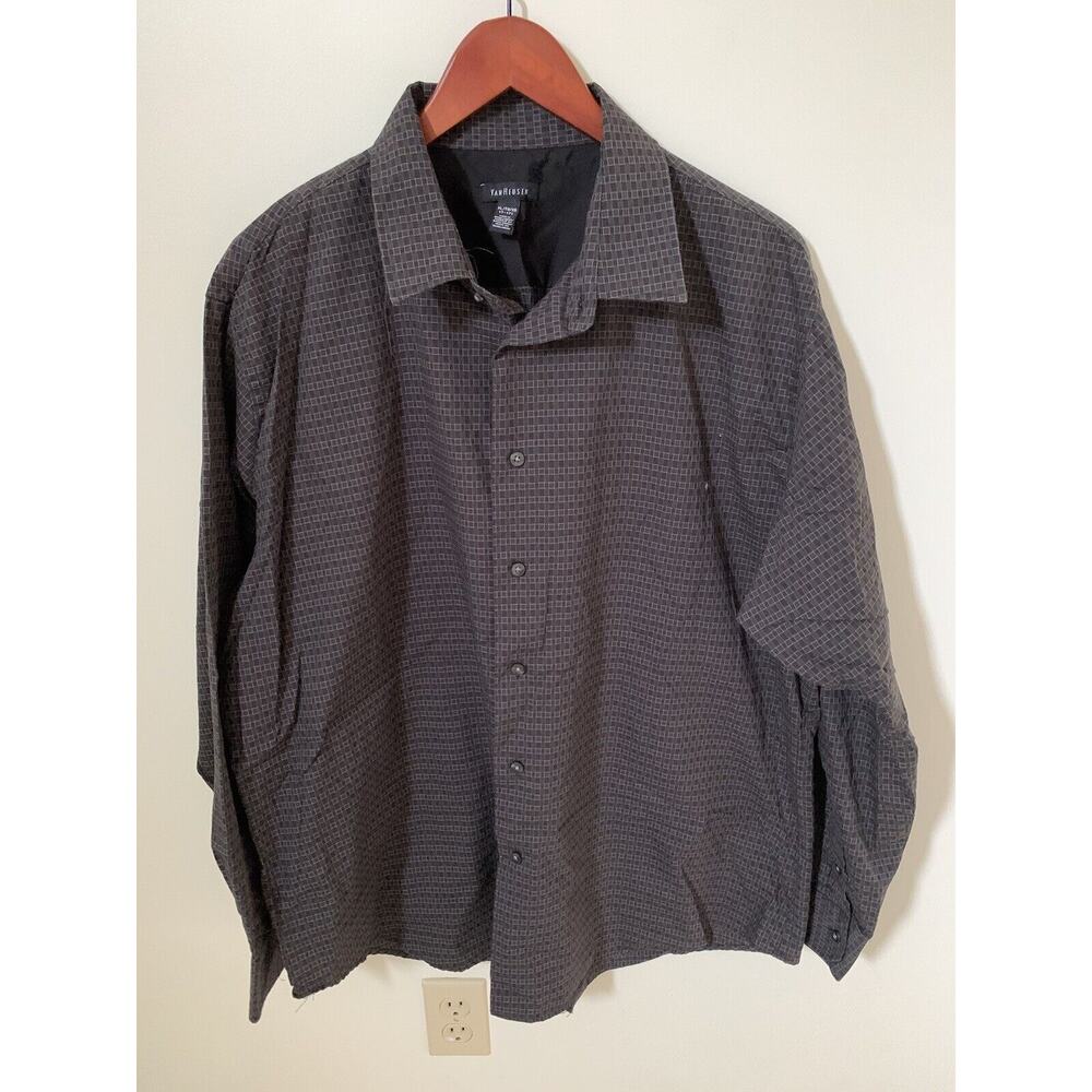 Van Heusen Mens Shirt 17-17.5 XL Button Up Long Sleeve Dress Black Geometric